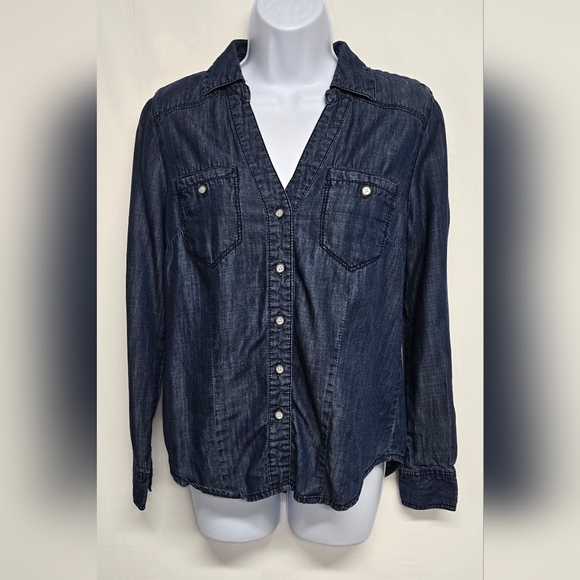 INC 6 Blue Denim Long Sleeve Button Down Shirt Top Collared V Neck Pockets - Picture 1 of 5